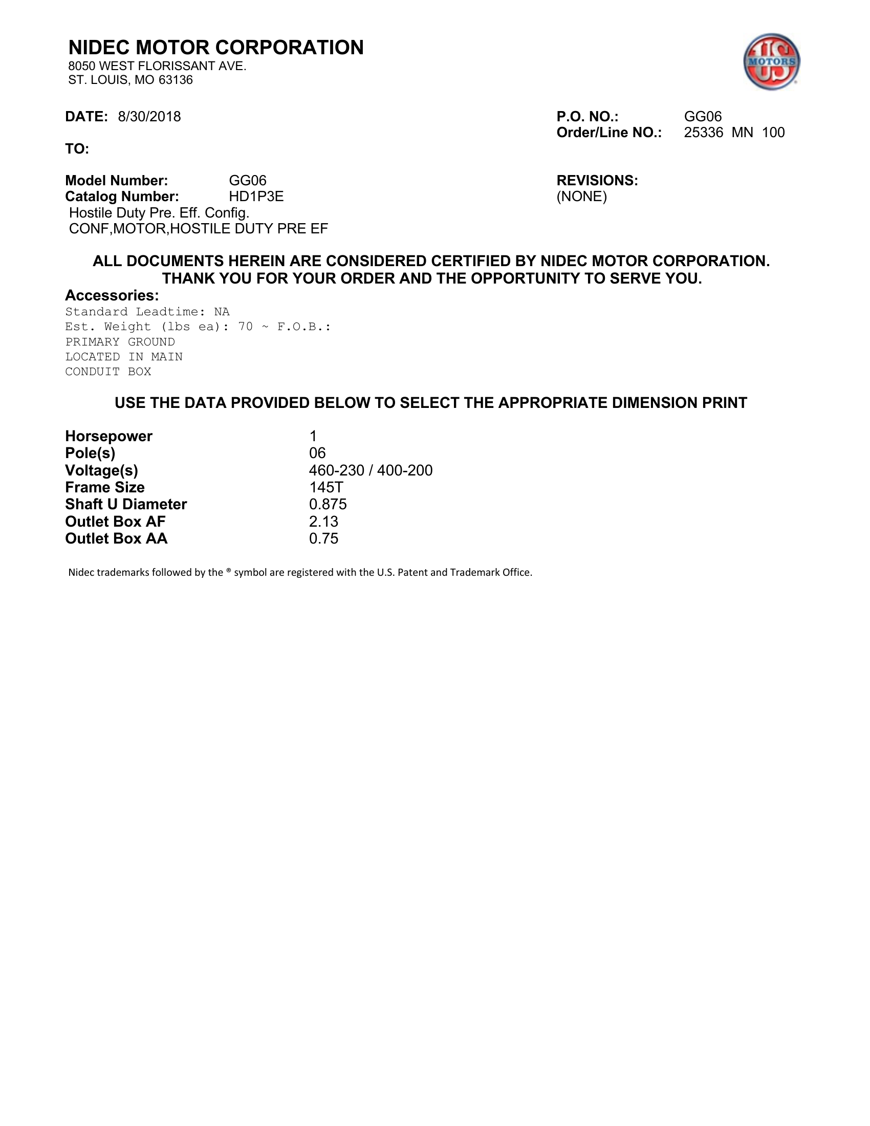 Motor TEFC US Motors Hostile Duty Premium Efficiency 1 HP 460V 1200 RPM (Frame 145T) – GG06
