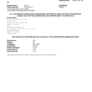 Motor TEFC US Motors Corro-Duty Premium Efficiency 100 HP 460V 3600 RPM (Frame 405TS) – GH15