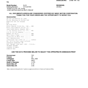 Motor TEFC US Motors Hostile Duty Premium Efficiency 125 HP 460V 1200 RPM (Frame 445T) – GJ12