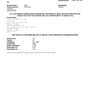 Motor TEFC US Motors 125 HP 460V 1800 RPM (Frame 444T) – GJ25