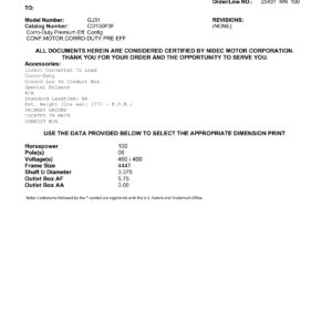 Motor TEFC US Motors Corro-Duty Premium Efficiency 100 HP 460V 1200 RPM (Frame 444T) – GJ31