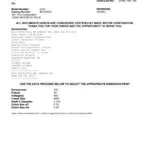 Motor TEFC US Motors 841 Plus 125 HP 460V 1800 RPM (Frame 444T) – GJ41