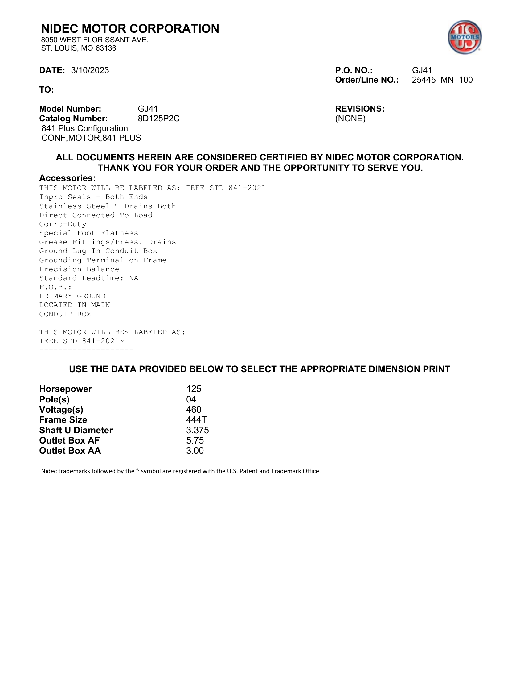 Motor TEFC US Motors 841 Plus 125 HP 460V 1800 RPM (Frame 444T) – GJ41