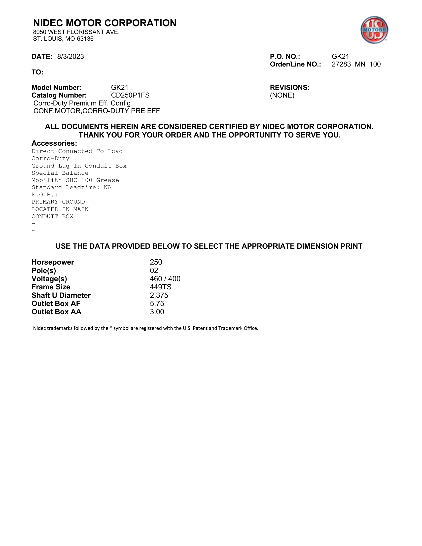 Motor TEFC US Motors Corro-Duty Premium Efficiency 250 HP 460V 3600 RPM (Frame 449TS) – GK21