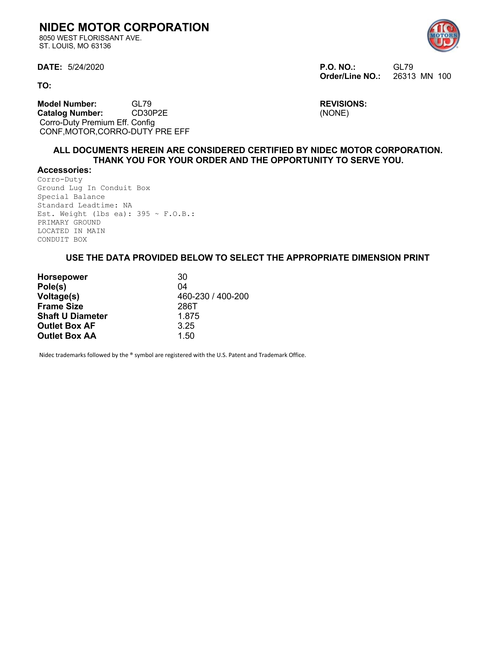 Motor TEFC US Motors Corro-Duty Premium Efficiency 30 HP 460V 1800 RPM (Frame 286T) – GL79