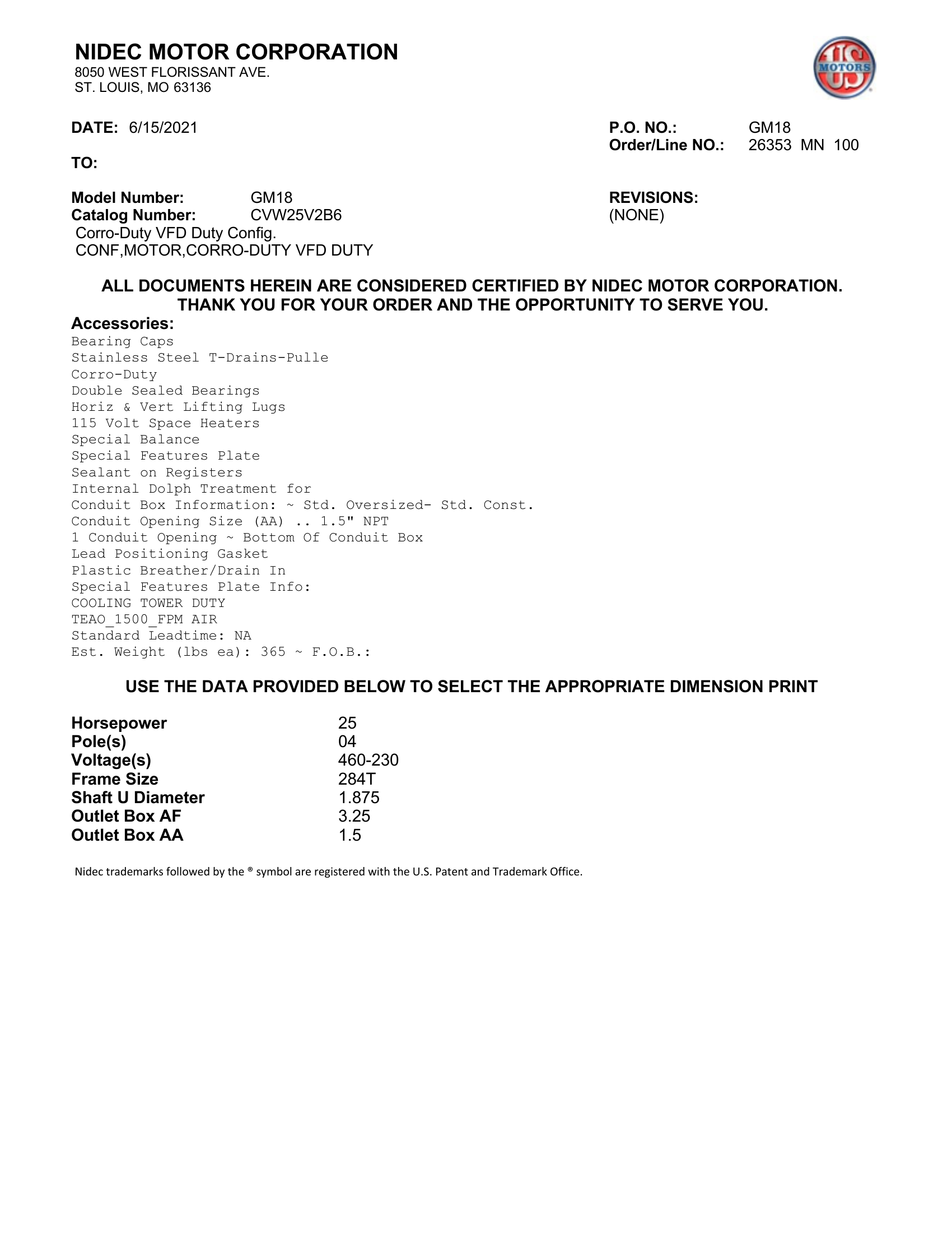 Motor TEAO US Motors Corro-Duty VFD Duty 25 HP 460V 1800 RPM (Frame 284T) – GM18