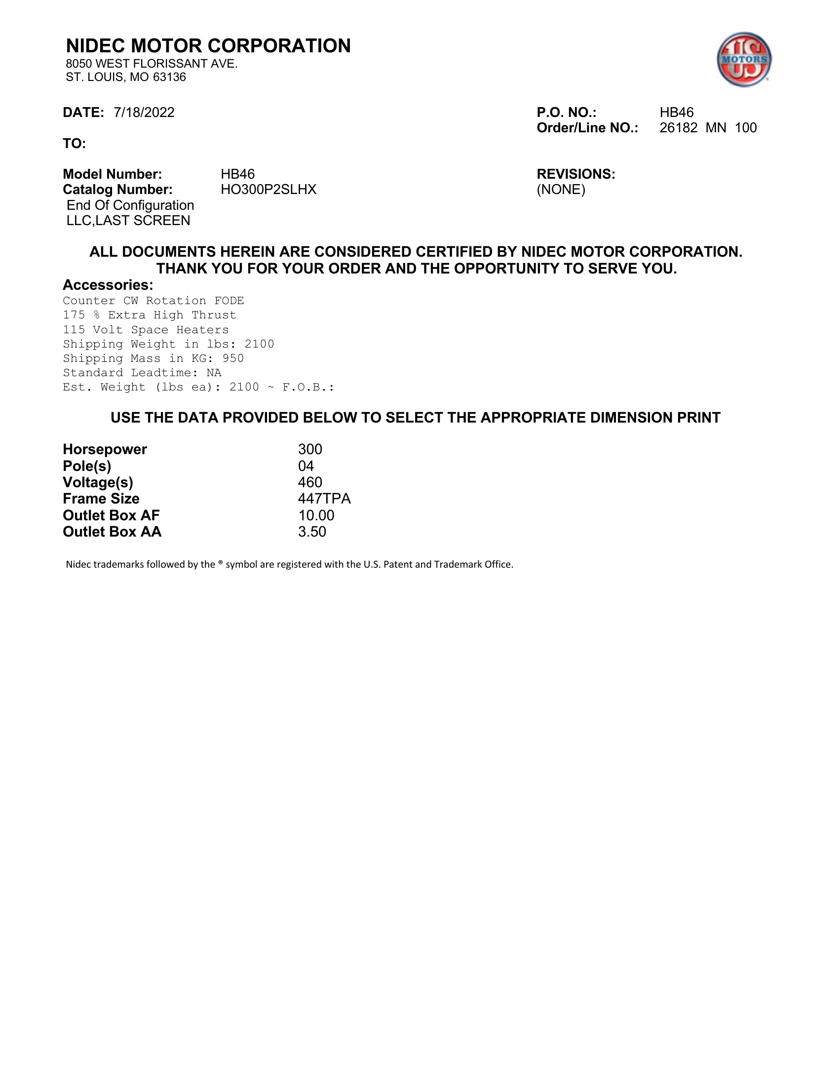 Motor Vertical Eje Hueco (VHS) US Motors 300 HP 460V 1800 RPM (Frame 447TPA) – HB46