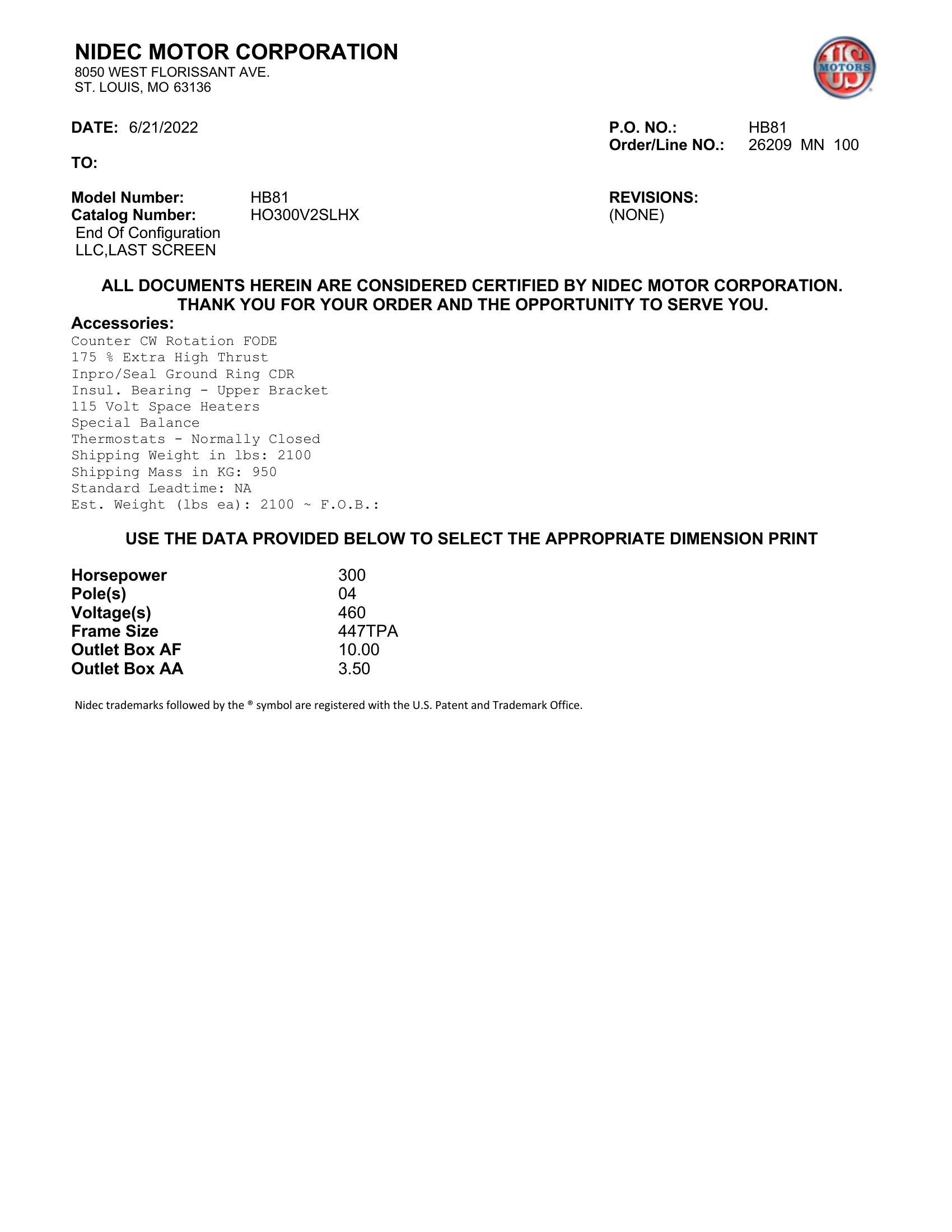 Motor Vertical Eje Hueco (VHS) US Motors 300 HP 460V 1800 RPM (Frame 447TPA) – HB81