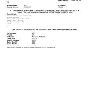 Motor ODP US Motors 100 HP 460V 3600 RPM (Frame 365TS) – HE02