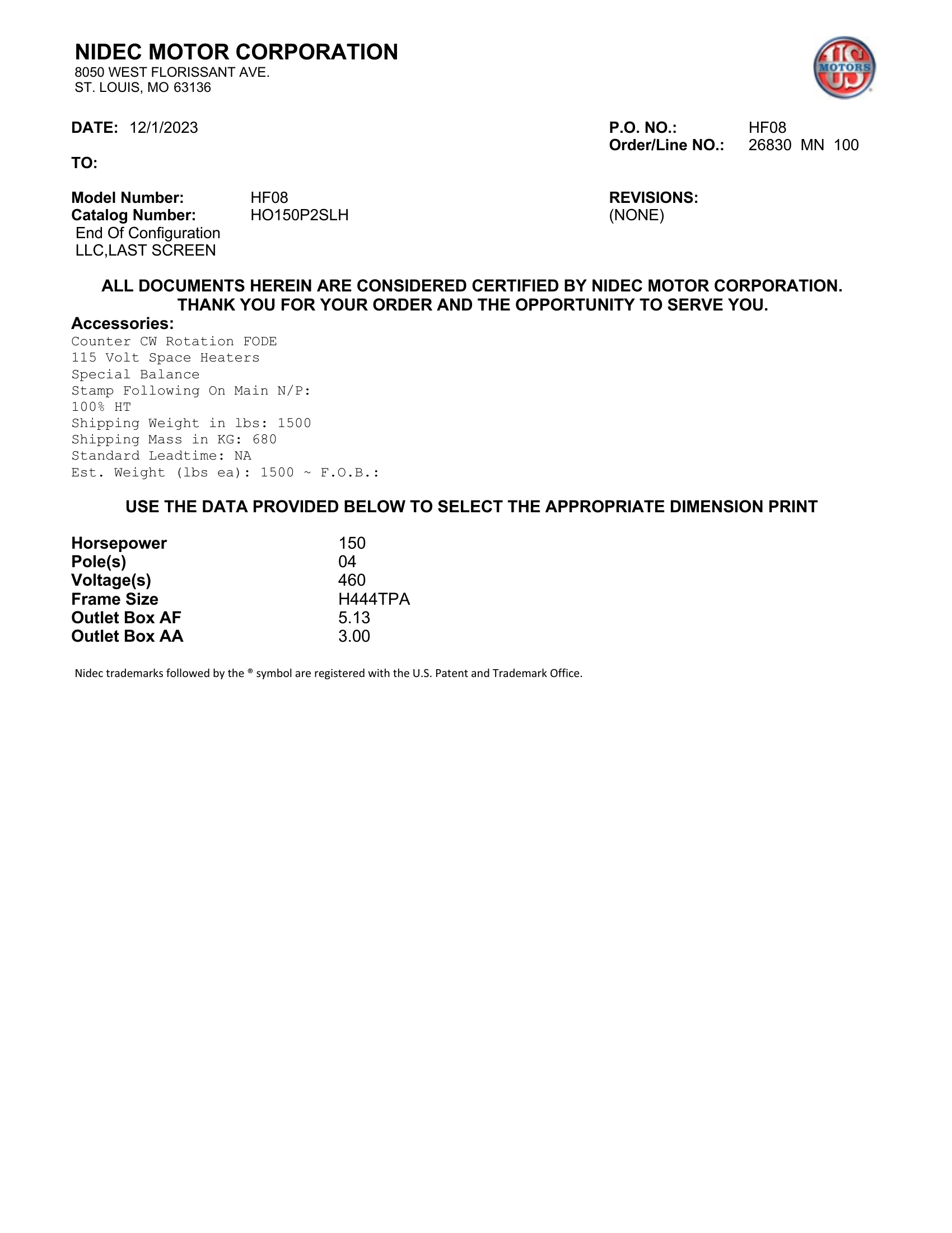 Motor Vertical Eje Hueco (VHS) US Motors 150 HP 460V 1800 RPM (Frame H444TPA) – HF08