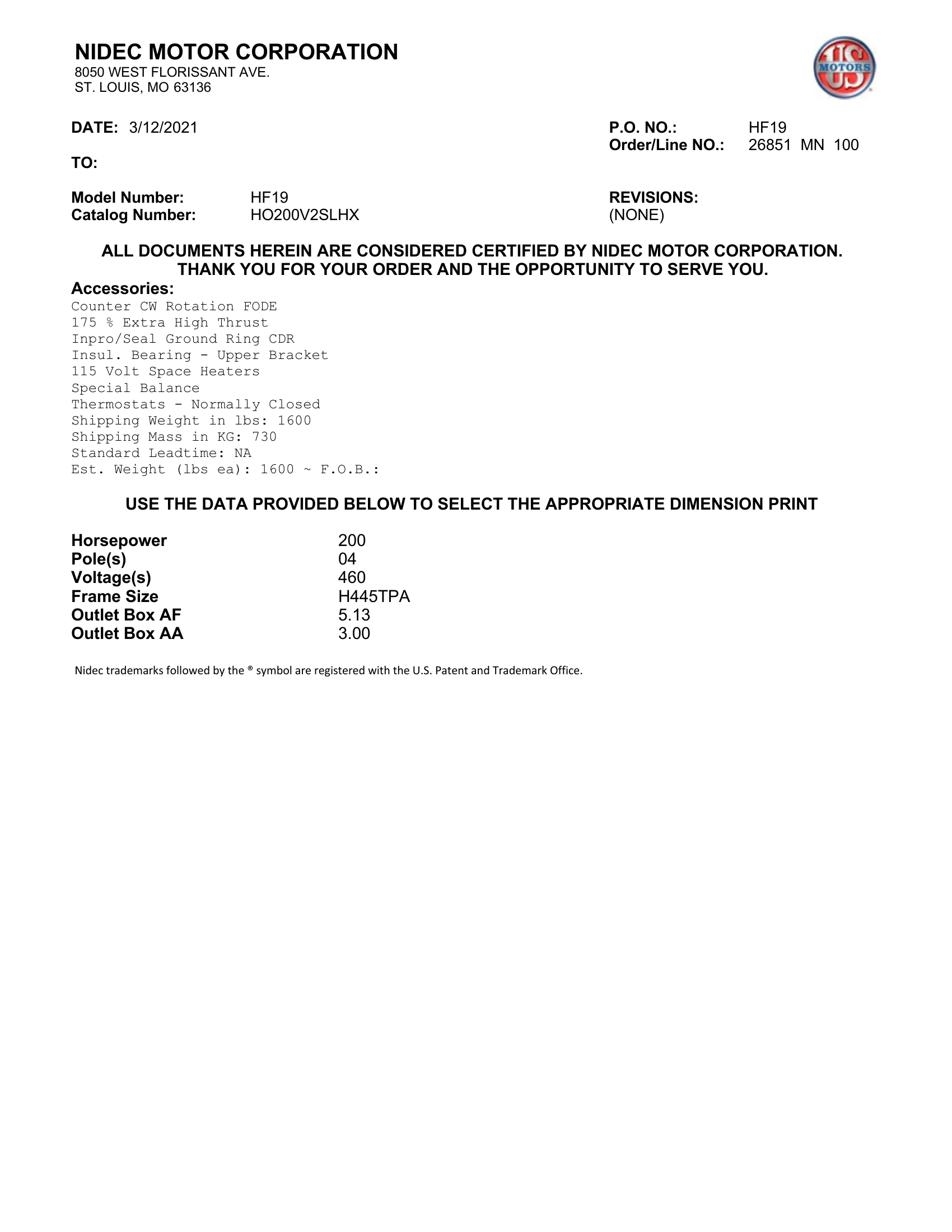Motor Vertical Eje Hueco (VHS) US Motors 200 HP 460V 1800 RPM (Frame H445TPA) – HF19