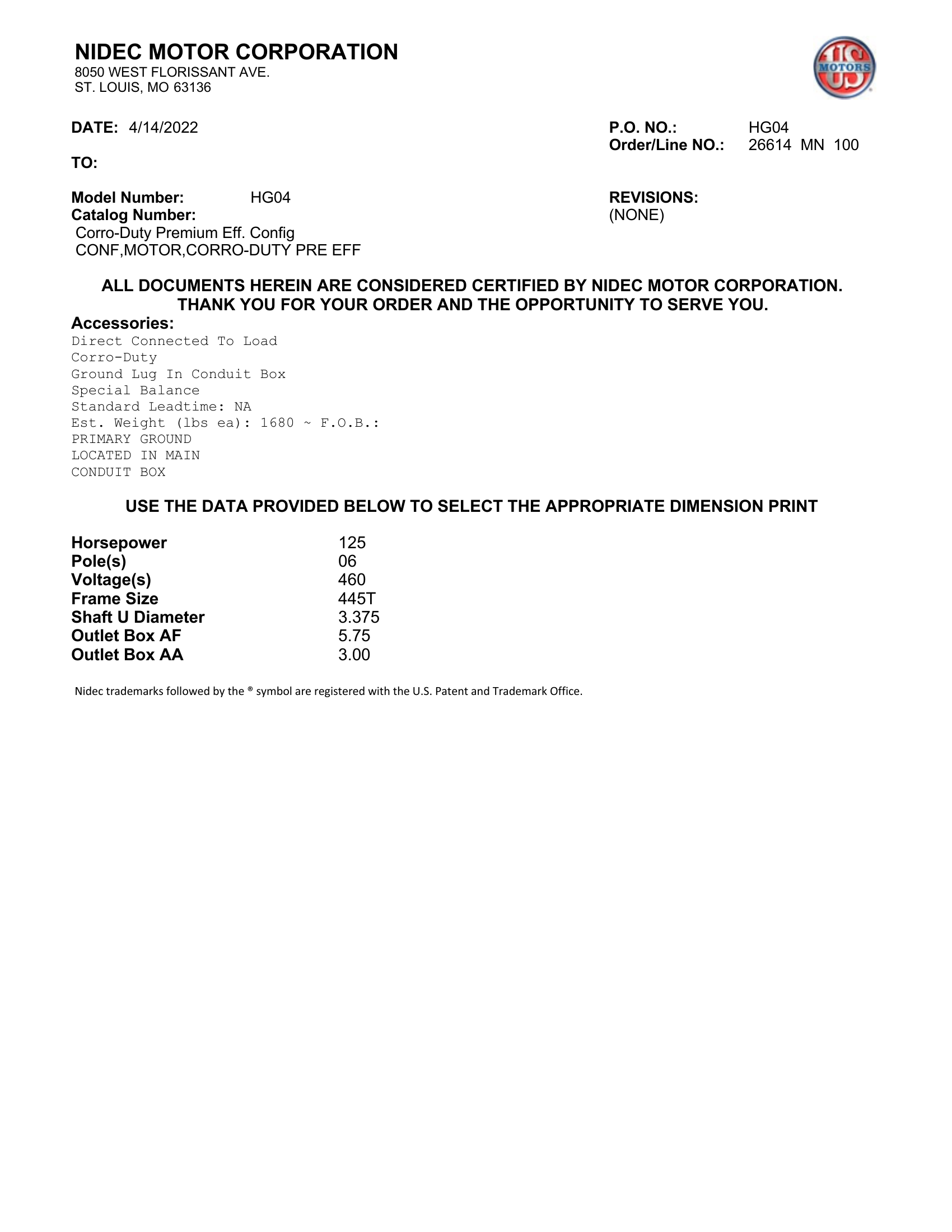 Motor TEFC US Motors Corro-Duty Premium Efficiency 125 HP 460V 1200 RPM (Frame 445T) – HG04