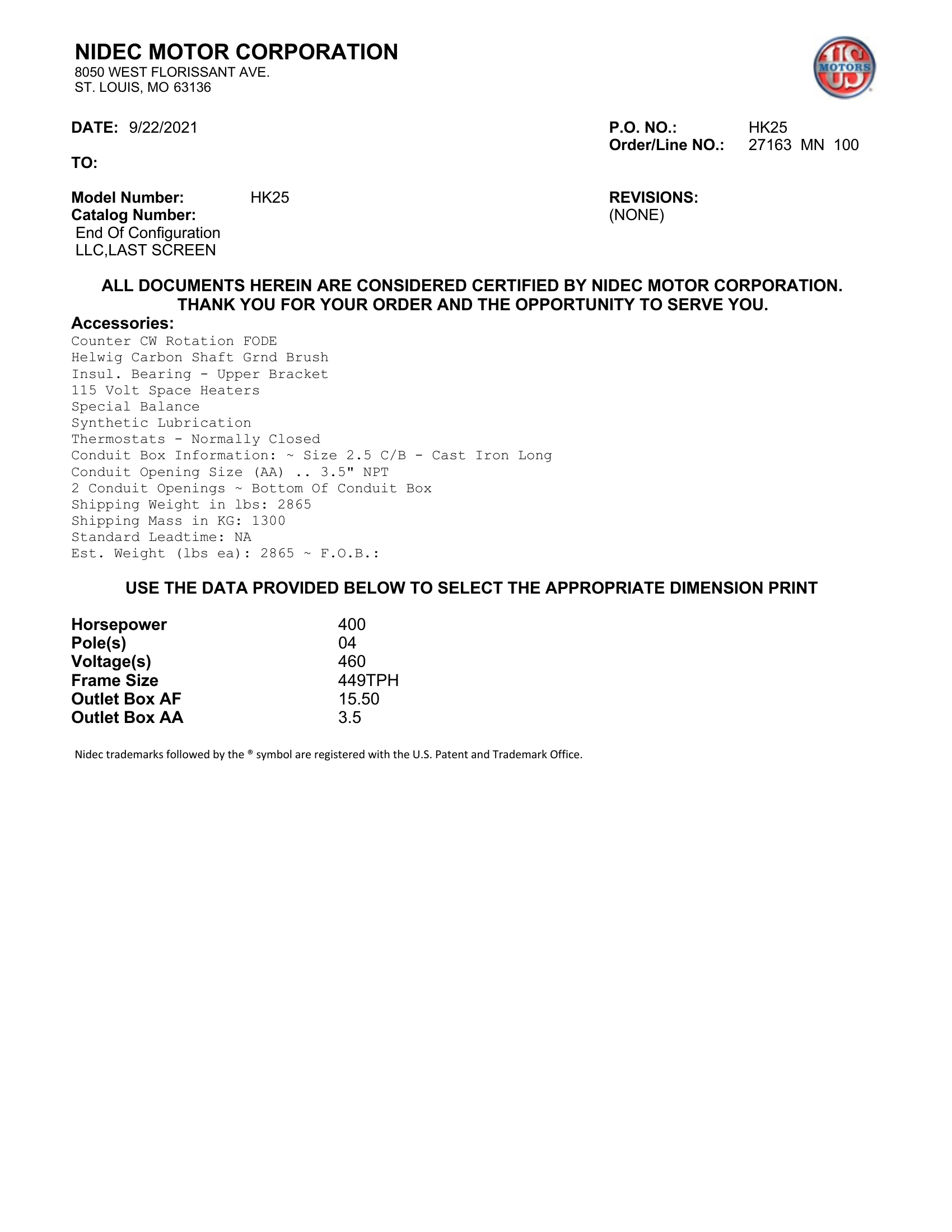 Motor Vertical Eje Hueco (VHS) US Motors 400 HP 460V 1800 RPM (Frame 449TPH) – HK25