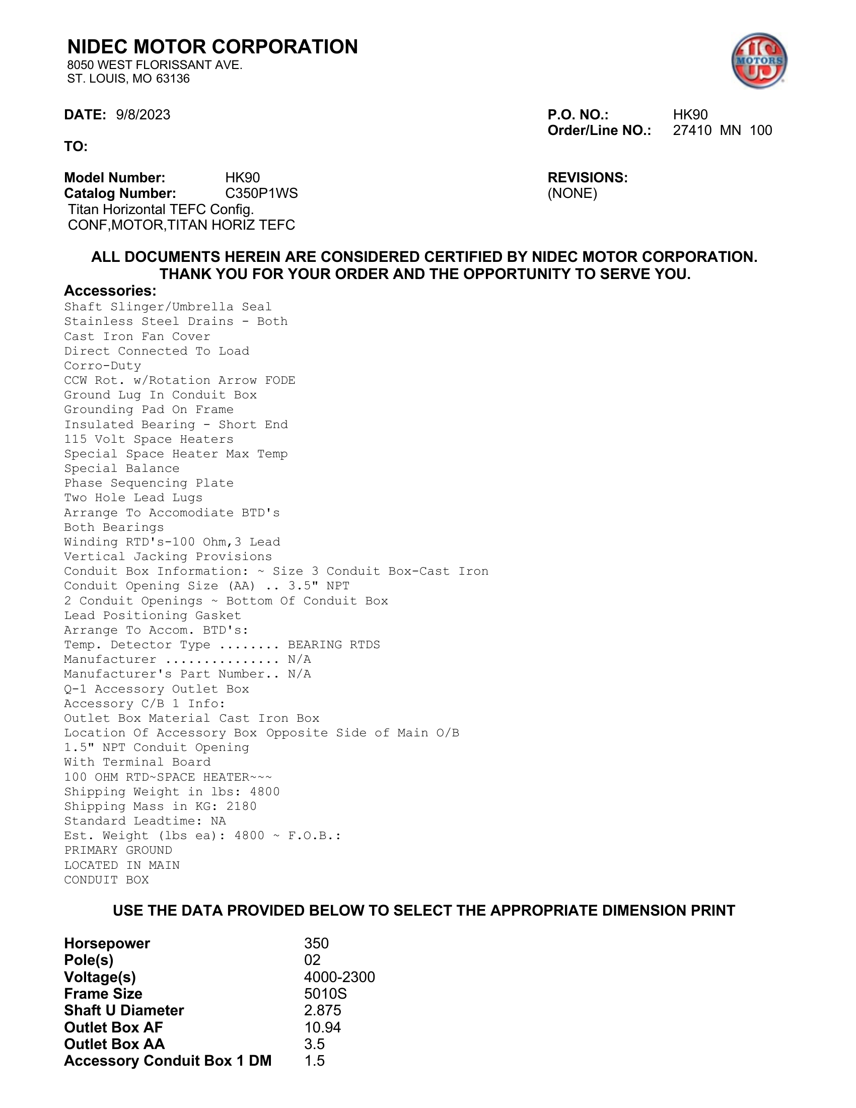Motor TEFC US Motors Titan Horizontal TEFC 350 HP 4000V 3600 RPM (Frame 5010S) – HK90