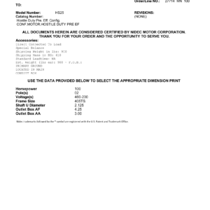 Motor TEFC US Motors Hostile Duty Premium Efficiency 100 HP 460V 3600 RPM (Frame 405TS) – HS25