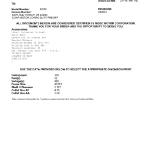 Motor TEFC US Motors Corro-Duty Premium Efficiency 100 HP 460V 3600 RPM (Frame 405TS) – HS29