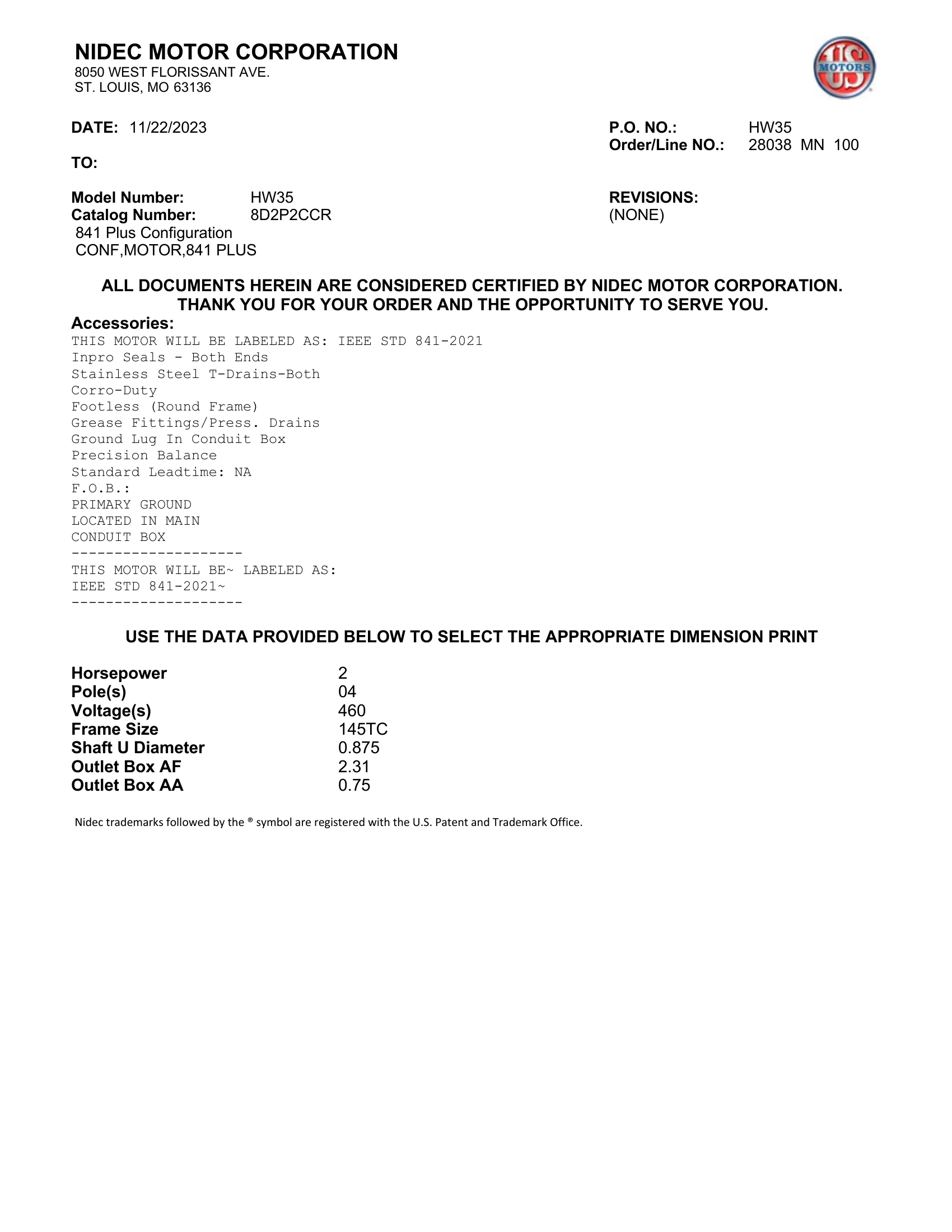 Motor TEFC US Motors 841 Plus 2 HP 460V 1800 RPM (Frame 145TC) – HW35