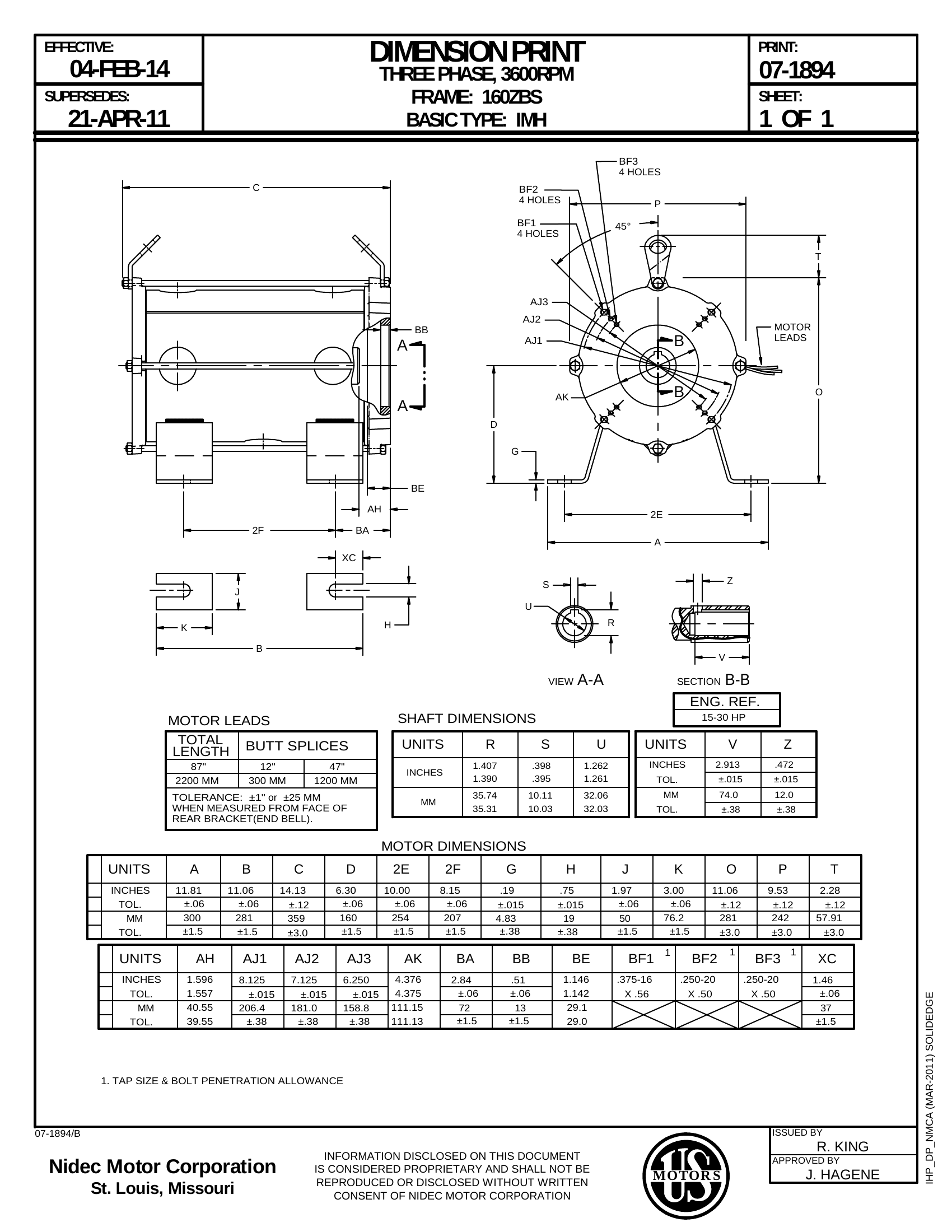 Motor US Motors 30 HP 200V 3405 RPM (Frame 160ZBS) – J204