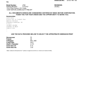 Motor TEFC US Motors Corro-Duty Premium Efficiency 75 HP 460V 1800 RPM (Frame 365T) – JF96