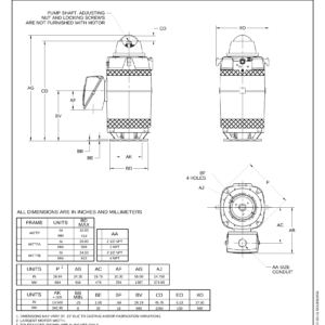 Motor vertical eje hueco US Motors VHS WPI 350 HP 460V Frame 447TPA HW91MX - esquema dimensional